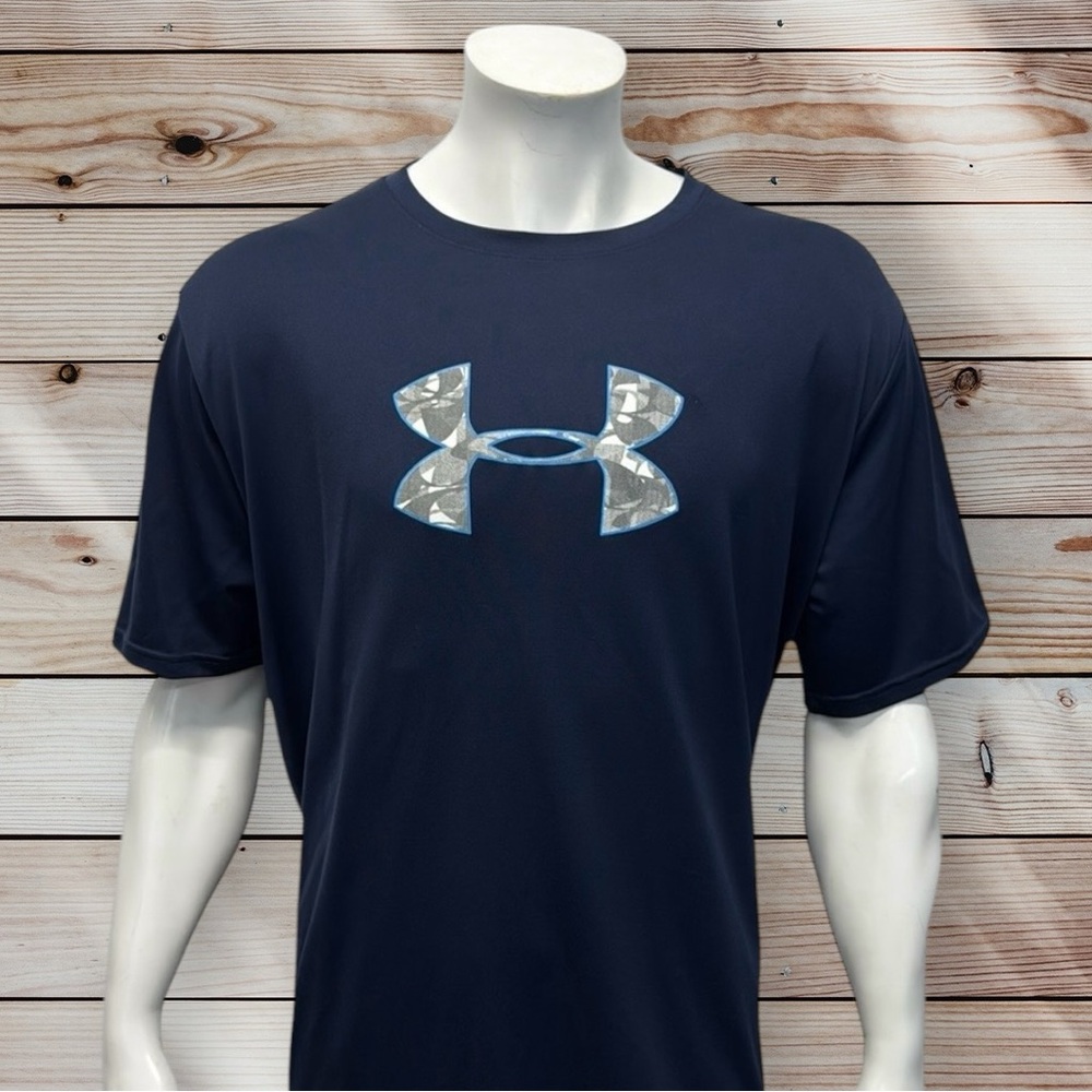 Under Armour Heatgear Navy Blue Gray Center UA Logo Short Sleeve T-Shirt XXL 2XL